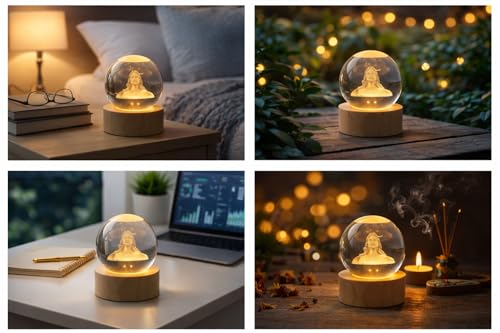Image of 3D Crystal Ball Night Lamp - LED USB Decorative Light with Wooden Base - Laser Engraved Adiyogi Design for Home Decor & Gifting