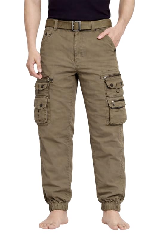 Krystle Men’s Cargo Jogger Pants | Cotton Casual Trousers with Multiple Utility Pockets & Elastic Ankle | Regular Fit (B