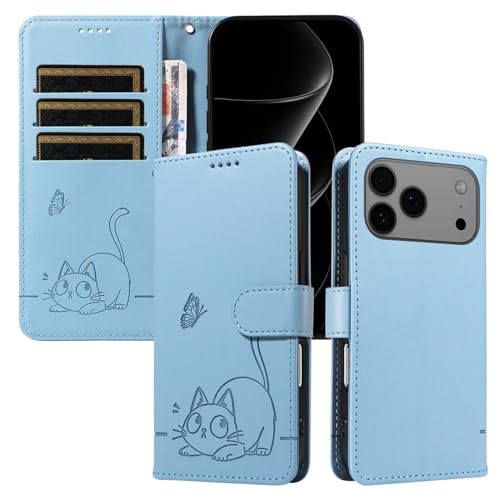 Étui iPhone 13 Pro Max bleu ciel : housse portefeuille en cuir et motif chat mignon
