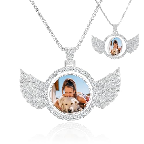 FAMIPAWS Custom Picture Necklaces Personalized Photo Pendant for Men Women Memory Medallion Pendant Circle Chain Hip Hop Jewelry Angel Wings Round Silver