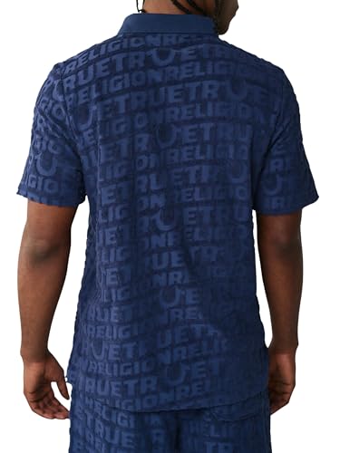 Polo True Religion para hombre de manga corta con logo de punto Terry, rayas universitarias y cuello con muesca en V miniatura 4