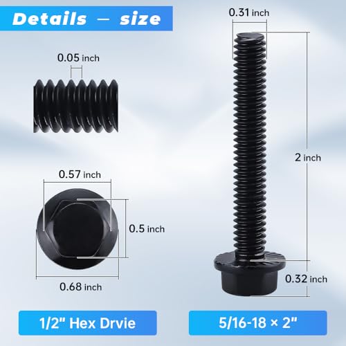 Image of Glvaner 5 /16-18 x 2 inch (10 pcs) Stainless Steel Serrated Flanged Hex Head Bolts Bolts, 18-8 (304) Stainless Steel, Full Thread, Black Coated