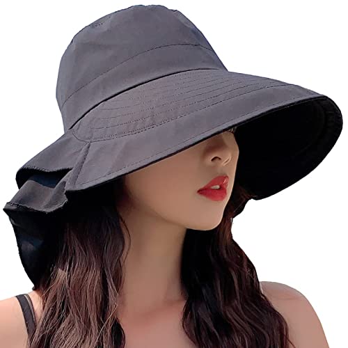Another Choice Women's Sun Hat Uv Protection Wide Brim Ponytail Adjustable Beach Visor Fishing Hat With Neck Flap(Black,One Size) #TOP1