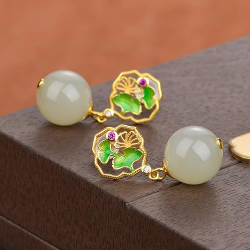 Boucles d'oreilles Jade de Hetian argent massif et émail ajouré style rétro - 5