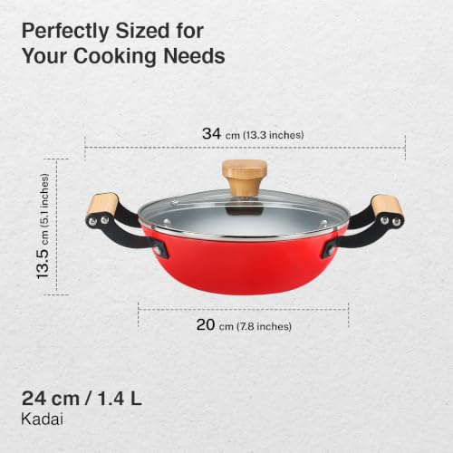 Image of Prestige Castlite Enamel Coated Cast Iron Kadai 24cm / 2.3L with Glass Lid | Lightweight, High Heat Retention | Gas & Induction Compatible | Low-Oil Cooking | Wooden Handles | Easy Clean |15Y Warranty
