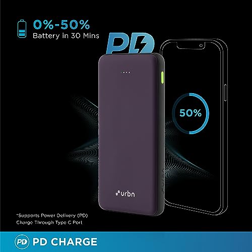 Image of URBN Power Bank 10,000mAh - Ultra Slim, 22.5W Two Way Fast Charging, Triple Output, Dual Type C PD, 12 Layers Circuit Protection, BIS Certified, 6 Months Warranty with Free Type C Cable (Purple)