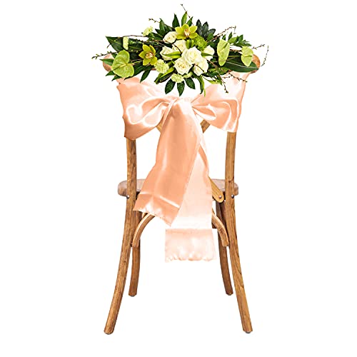 WedDecor Peach Satin Sash Ribbon Fuller Bow for Bridal Wedding Birthday Party Banquet Event Dining Chair Decoration -7
