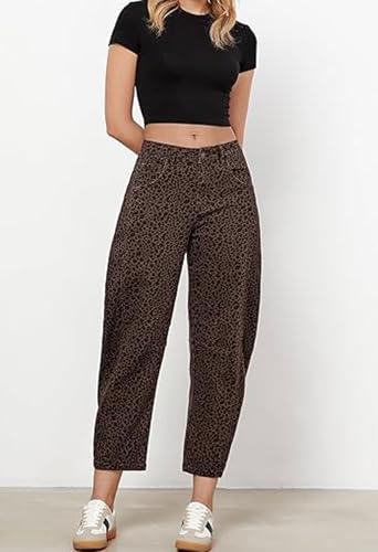 loveimgs Women Stretch Leopard Baggy Barrel Jeans Mid Rise Cheetah Print Jeans Boyfriend Wide Leg Cute Ankle Denim Pants Y2k4