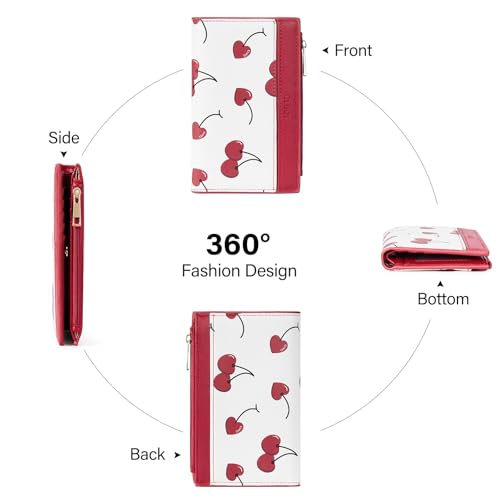 Image of CLUCI Small Wallet for Women PU Leather RFID Wallet Blocking Designer Bifold Ladies Wallet Card Holder Cherry Print