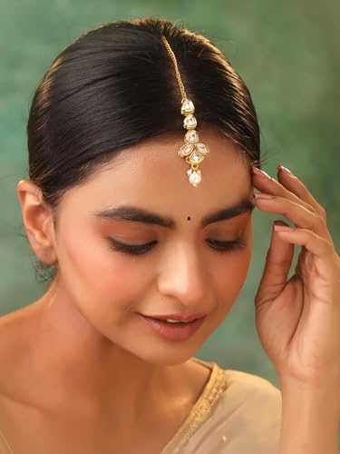 Image of Yellow Chimes Maangtikka for Women Gold Toned Kundan Studded Floral Designed White Beads Drop Maangtikka for Women and Girls
