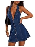 Floerns Women's Y2k Denim Halter Mini Dress Sleeveless Deep V Neck Button Down A Line Going Out Jean Dresses Blue Small