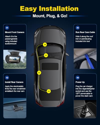 Image of Front and Rear Dash Cam, 4K+1080P Dual Dash Camera Quick Video Access 15-Min Install Record Every Mount, Ultra-Precise 2 Channel HDR