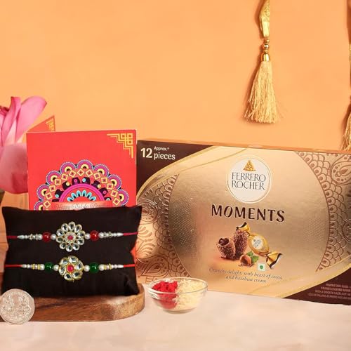 Image of Frostick Designer Rakhi With Chocolate Gift For Bhaiya /Bhai /Brother With Greeting Card, Tilak Chawal And Silver coin (Ferero Moments, Pack of 2) (Random Design Rakhi),150 G