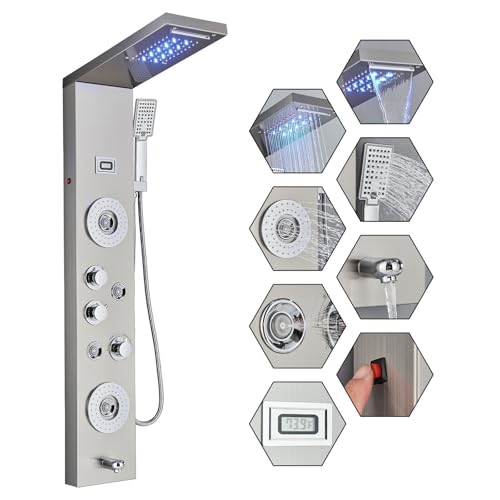 Image of FUZ Shower Panel Tower System, Stainless Steel 6 Function Shower Panel System with LED Fancy Rain Shower Head and Handheld, Comfortable Rain Massage Body Jet and Tub Spout, Brushed Nickel Shower Tower
