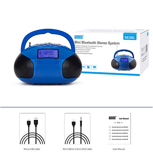 August SE20 - Mini Bluetooth MP3 Stereo - Portable Radio with Powerful Bluetooth Speakers - FM Alarm Clock Radio with SD Card Reader, USB and AUX in - Blue - Thumbnail 6