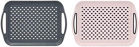 2X Set of Anti-Slip Rectangular Non-Slip Top and Bottom Plastic Dinner/ Drinks Serving Tray with High Grip Rubber Surface, Easy Grip Handles,(Grey&Pink)