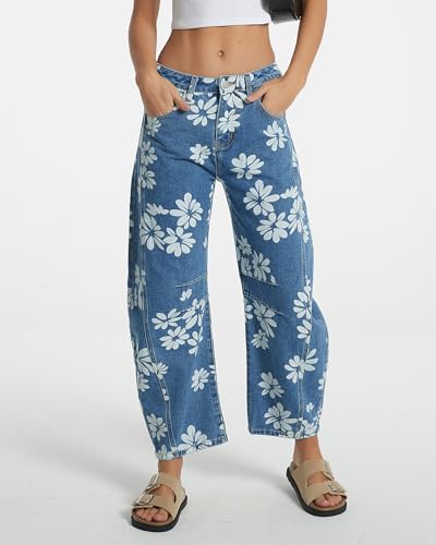 Kedera Women's Baggy Barrel Jeans Wide Leg Mid Rise Y2K Boyfriend Jeans Casual Floral Printed Ankle Denim Pants3
