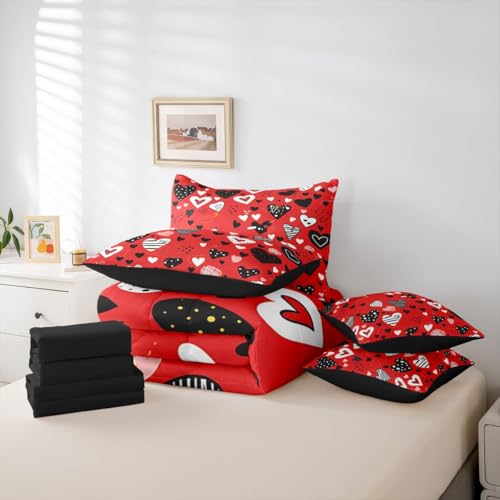 Image of Erosebridal Love Heart Comforter Set Full 7 Piece Red Heart Shaped Bed in A Bag Romantic Valentine Theme Bedding Sets for Kids Girls Geometric Stripes Sheet Set with Comforter