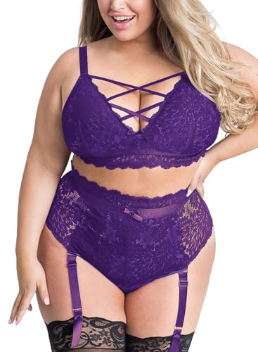 EVELUST Plus Size Lingerie for Women - Sexy Luxe Criss-cross Bra Lace Cup Classic Underwear High Waisted Suspender Set, Purple, Large