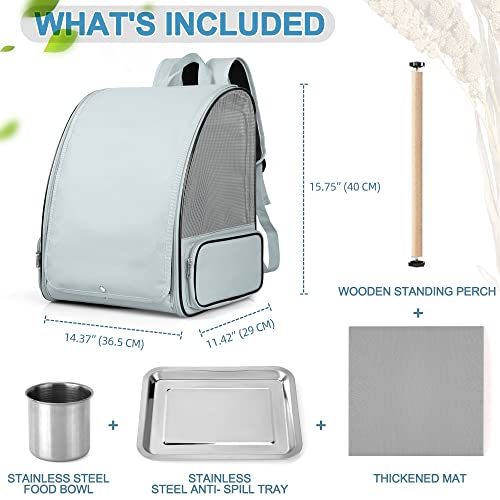 Bird Carrier Backpack Cage (Space Grey), Carrier With Stainless Steel Foodbowl And Stainless Steel Tray & Wooden Standing Perch, Bird Travel Cage For Small Birds, Green Cheek, Cockatiel, Parrot #TOP1