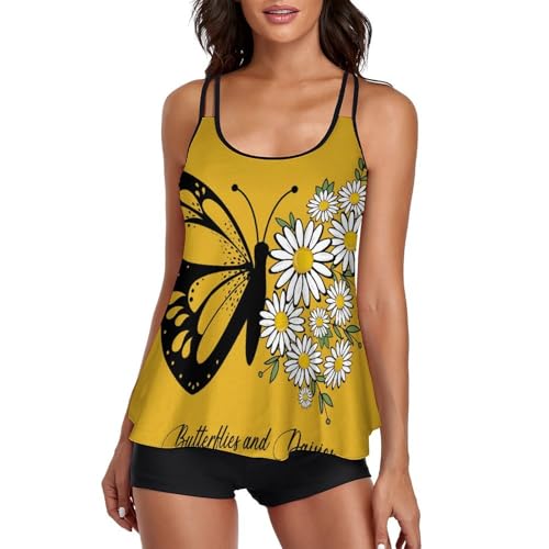 Maillot de bain tankini fleur et papillon avec shorty et robe de plage