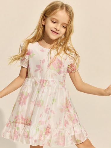 Image of TAGAS Floral Print Mesh Insert Ruffle Trim Belted Dress||Frock for Girls||Sleeve Less Dress for ||Fency Dress||(KD-144)