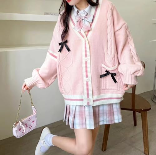 Image of ebossy Womens Kawaii Cute Bowknot Cable Knit Cardigans Sheep V Neck Button Down Slouchy Preppy Wool Blend Sweater Coat