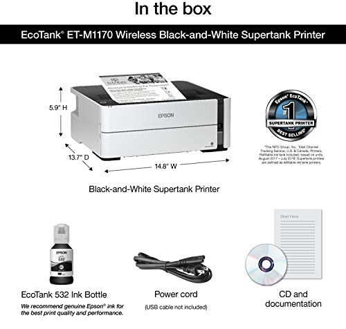 Epson Ecotank Et-M1170 Wireless Monochrome Supertank Printer With Ethernet Plus 2 Years Of Unlimited Ink*,White #TOP6