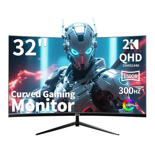 ZZA 32 Inch Curved Gaming Monitor, QHD 2560x1440, Ultra 300Hz & 240Hz Refresh Rate, Computer Monitor VA Panel,1500R, 1ms, HDR, AMD FreeSync Premium, NVIDIA G-SYNC Compatible
