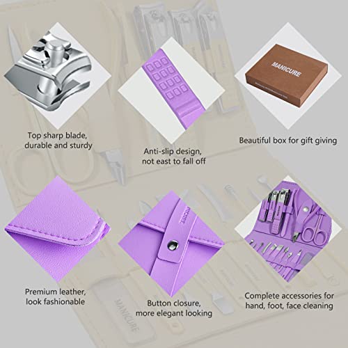 Manicure Set Professional Nail Clippers Pedicure Kit, 16 Pcs Stainless Steel Nail Care Tools Grooming Kit With Luxurious Travel Leather Case For Thick Nails Men Women Gift (Violet) #TOP4
