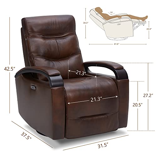 Chita Genuine Leather Power Swivel Glider Rocker Recliner, Usb Charge Power Headrest Wooden Contrast Armrest Double Layer Backrest Recliner Chair Sofa For Living Room And Nursery-Cognac #TOP2