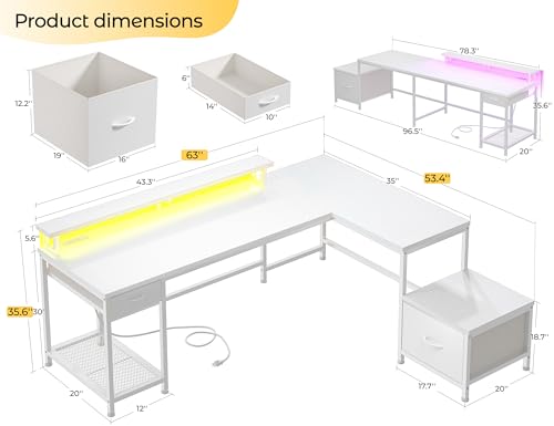 Image of DurayLoly 63 inch L Shaped Desk with 2 Drawers and Printer Stand,Bedroom,White | Large Computer Desk with Led Lights & Power Outlets,Monitor Stand and Storage Shelves,Corner Desk,Gaming, Work, Home Office