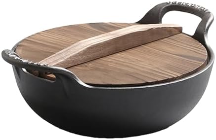 Haofy Cast Iron Wok 14 Inch Pre Seasoned Non Stick Stir Fry Pan with Wooden Lid Dual Handles for Induction Gas Electric Stovetops Home Kitchen Small Apartments RV Life Daily Use (32cm / 12.6in) - Thumbnail 3