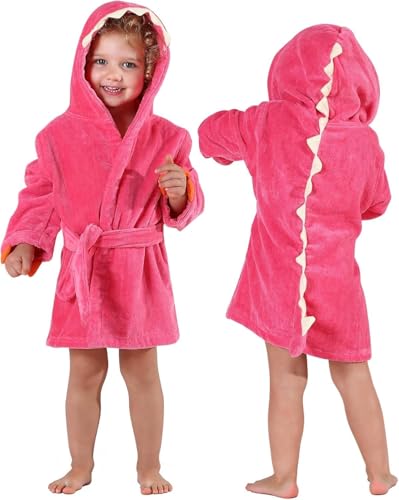 Image of MICHLEY Girls Boys Robe Cotton Towel Baby Dinosaur Style Hooded Bathrobe
