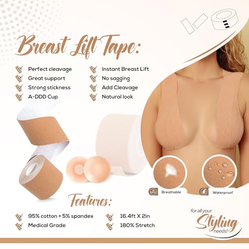 Boob Tape Breast Lift Tape for Large Breasts with 2 Pcs Nipple Covers Invisible Boobtape (Skin,2 in) Beige3
