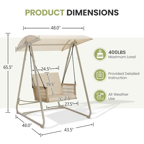Image of Porch Swing with Stand, Outdoor Swing with Canopy, All Weather Outdoor Swings for Adults, 400lbs Heavy Duty Porch Swings with Removable Cushions, Single Hanging Chair for Small Space, Beige