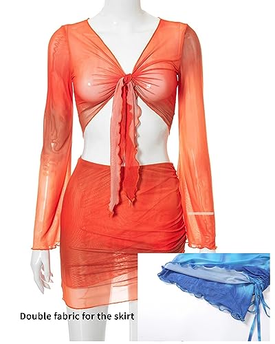 Image of Women's Sexy Long Sleeve Two 2 Pieces Outfits Sheer Mesh Mini Dress Skirt Set Top V Neck Backless Ruched Bodycon Cover Up
