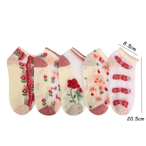 1pair Random Flower Pattern Crew Socks Fashionable Women Glass Fiber Comfortable Casual Sock Breathable Short Socks2