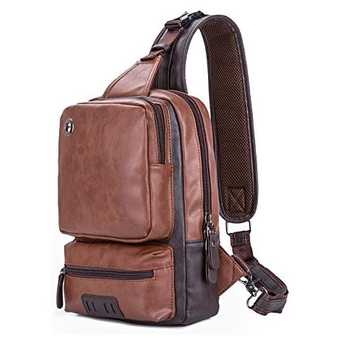 BAGZY Sling Bags for Men PU Leather Body Bag Men Chest Bag for Men Leather Shoulder Bag Crossbody School Bag Sports Gym Bag Travel Bag Mens Casual Messenger Bag Daypack for Sport Hiking (Brown) Cover