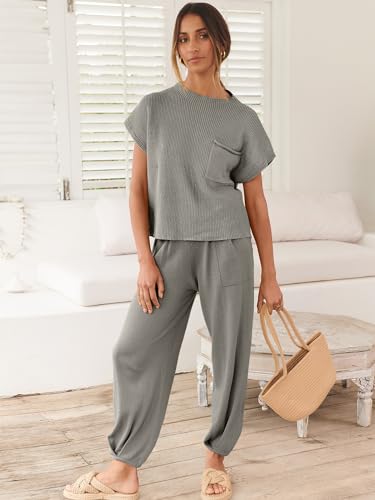 Image of ANRABESS Women's Two Piece Outfits Sweater Sets Knit Pullover Tops and High Waisted Pants Tracksuit Lounge Sets