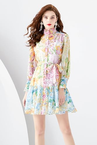 LAI MENG FIVE CATS Women's Floral Print Long Lantern Sleeve Ruffle Casual Button Belted Thin Fabric Mini Dress3