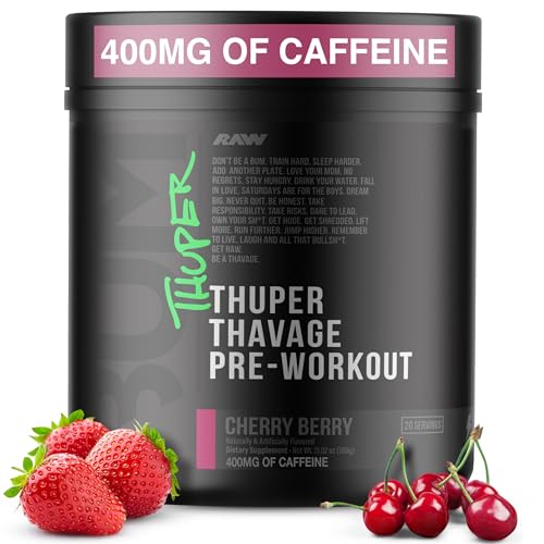 Image of RAW Thuper Thavage Pre Workout Powder - High-Stim Preworkout with Creatine, Beta Alanine, L-Citrulline & Caffeine - Chris Bumstead Gym & Fitness Supplement for Men & Women - Cherry Berry