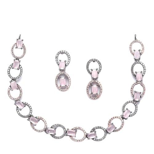 Image of ZENEME Rhodium-Plated American Diamond Studded Disc-Shaped Necklace With Earrings Jewellery Set For Girls and Women