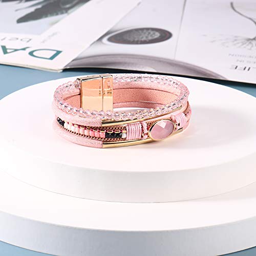 Fancy Shiny Leather Wrap Bracelets Crystal Beads Bracelet Boho Cuff Stone Charm Bracelets With Clasp Costume Jewelry For Women(Pink) #TOP2