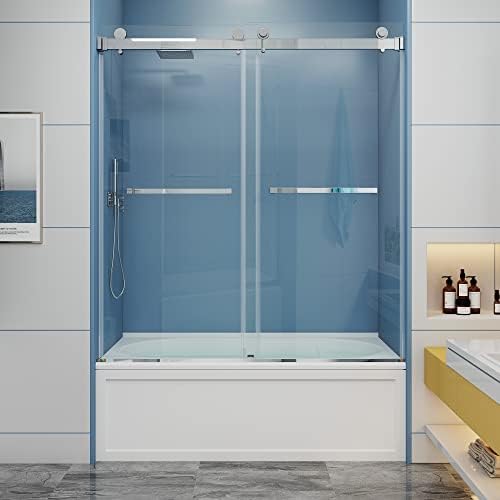 MCOCOD Adjustable 56-60" W x 66" H Frameless Double Sliding Shower Door with 3/8" (10mm) Clear SGCC Tempered Glass and Stainless Steel Hardware Bathtub Door