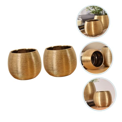 Offsch XTS2107YME1CD09E510WR8BK 2Pcs Brushed Round Flower Pot Succulent Pot Vase Plant Growing Pot Brass Flower Vase Gold Tone Planters Pottery Garden Pots Desk Topper Cactus Planter Ceramics Succulents Household thumb #7