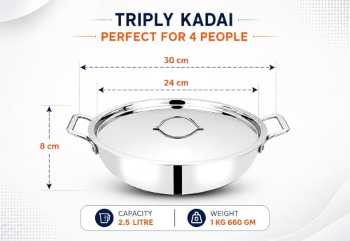 Image of Bhalaria Triply Stainless Steel Kadhai 24cm 3 Litre | Induction Base Heavy Gauge 3 Layer Body | Deep Fry Pan Wok for Sabzi, Frying & Curry | Gas Compatible | Dishwasher Safe