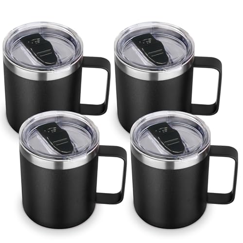 Volhoply 14oz Insulated Stainless Steel Coffee Mug with Lid Bulk 4 Pack,Double Wall Vacuum Travel Coffee Cup with Handle,Reusable Metal Tumbler,Camping Mugs Keep Hot,Christmas Gifts(Black,4)