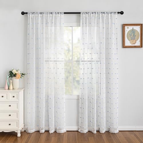 Image of MYSKY HOME Blue Pom Pom Sheer Curtains for Living Room 84 Inches 2 Panels