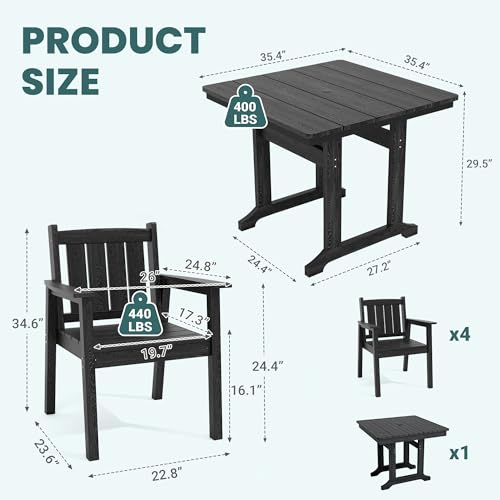 Image of Pamapic 5 PCS Outdoor Dining Set, Spacious HDPE Outdoor Table and Chairs, Wood Grain Patio Furniture Sets with Elegant Armrest, All-Weather Patio Dining Table with Umbrella Hole, Black